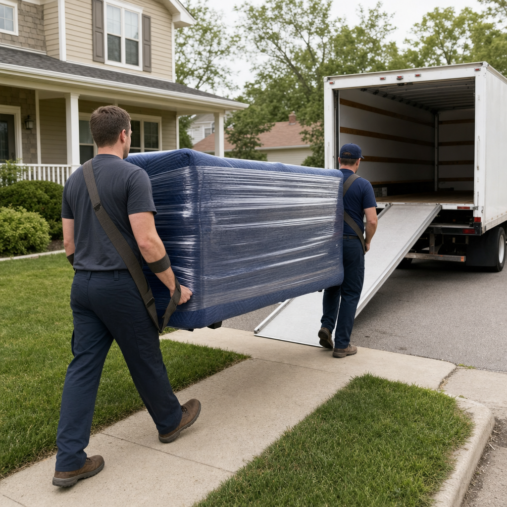 Uniformed Pasadena moving crew carrying a shrink-wrapped sofa down a residential walkway toward an open box-truck ramp